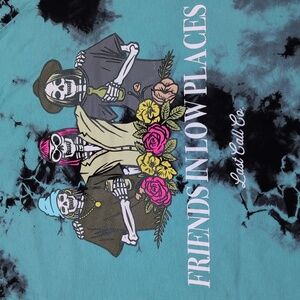 Last Call Co. Tie Dye Short Sleeve T-Shirt Black Teal Small Skeleton Friends